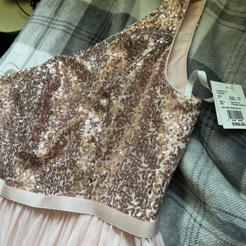 long one shoulder rose gold bridesmaid dress